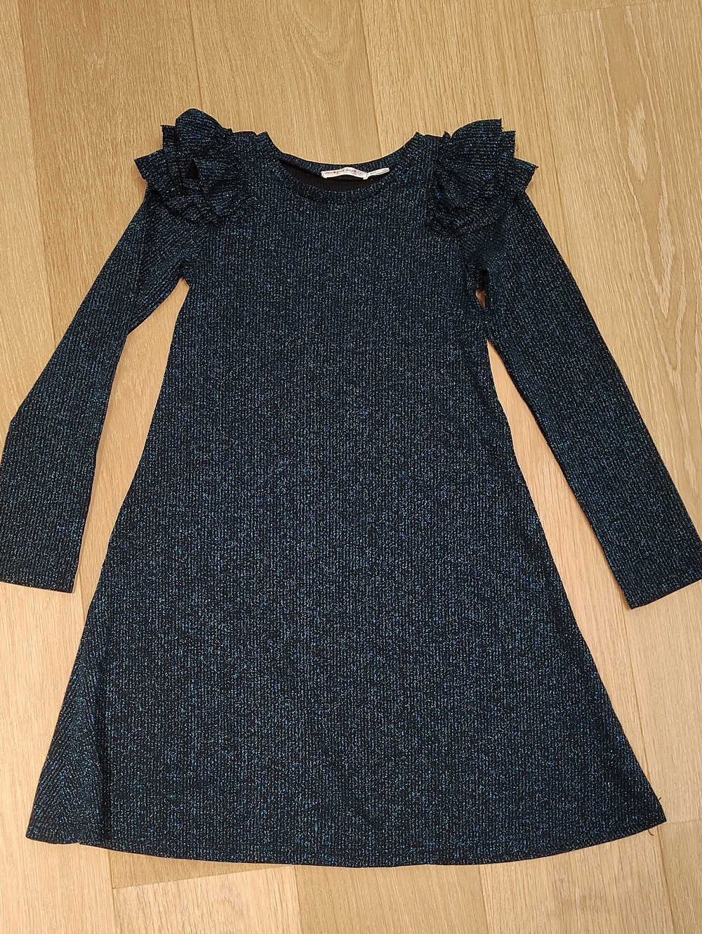 deux par deux Black/Turquoise Blue Sparkle Ruffle Shoulder Dress